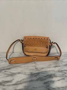 BOX Brand Tan Leather Perforated Belt Bag Crossbody Fanny Pack Geometric Flap